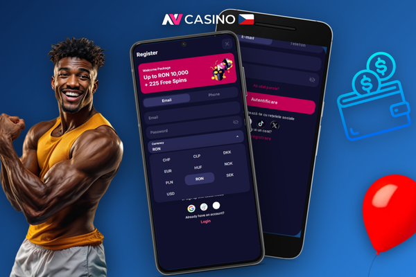 Vyplněný registrační formulář NV Casino s poli e-mail, heslo a výběr měny