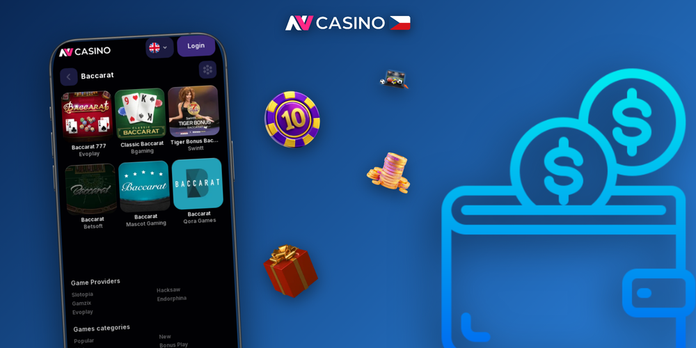 Uvítací balíček NV Casino se symbolickými žetony a zlatými akcenty na tmavém pozadí