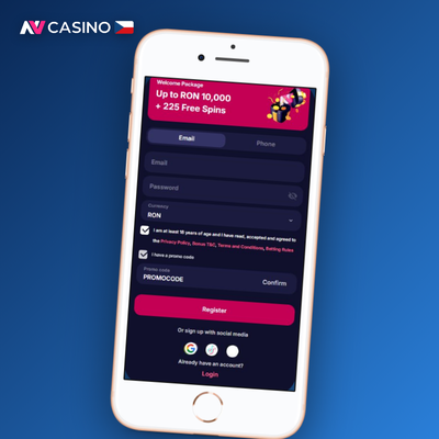 Vytvoření účtu v NV Casino přes e-mail – ikona obálky s tlačítkem Registrovat